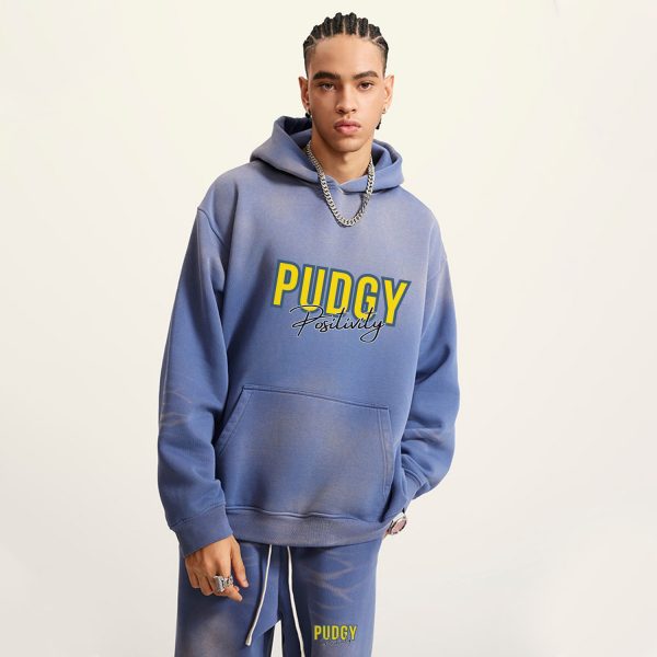 "Pudgy Positivity" - Denim Blue Unisex Distress-Dyed Fleece Hoodie